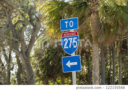 Blue direstional road sign indicating direction to I-275 freeway interstate highway serving the Tampa Bay area in Florida Blue direstional road sign indicating direction to I-275 freeway interstate highway serving the Tampa Bay area in Florida 122150566