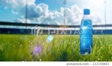 Bottle of cold sport energy blue drink with vitamins and minerals on grass field.AI Generative. 122150601