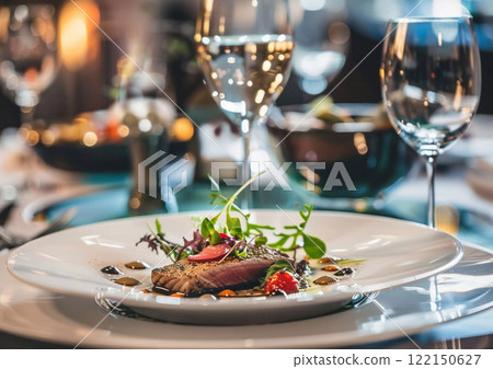 Juicy beef steak on white porcelain plate with wine glasses in luxury restaurant.AI Generative. 122150627