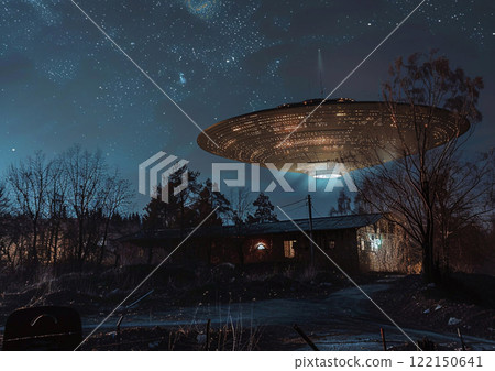 UFO round space ship with lights spotted on dark night skies.Wide view.AI Generative. 122150641