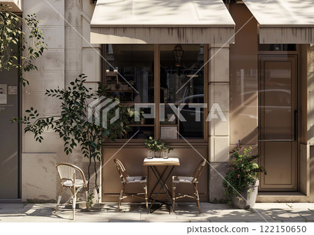 Beautiful quit outdoor cafe restaurant on empty quiet street on sunny summer day.AI Generative. 122150650