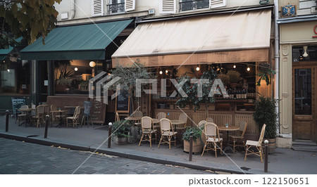 Beautiful quit outdoor cafe restaurant on empty quiet street on sunny summer day.AI Generative. 122150651