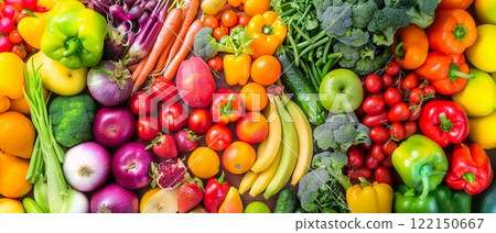 Top view assorted ripe fresh fruits and vegetables fill of vitamins.Macro.AI Generative. 122150667