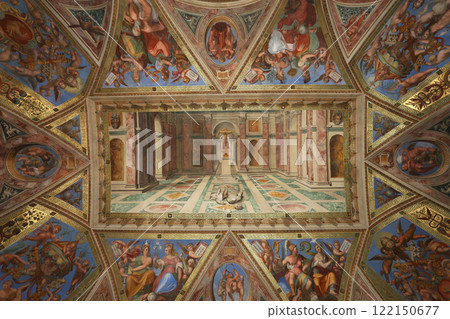 Raphael Rooms frescoes. The frescoes are dedicated to the life of Constantine and symbolically represent the victory of the Church over  122150677