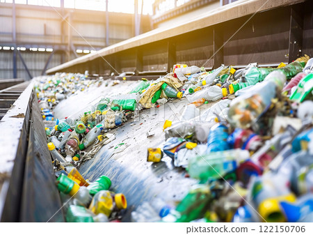 Sorting waste factory with line recycling various type of waste garbage.Macro.AI Generative. 122150706