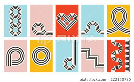 Bauhaus art wall decor. Printable geometric home decor. Nordic Striped Bauhaus geometric shapes retro posters. 122150720