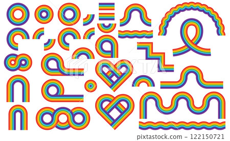 Retro groovy rainbow color striped shapes set. Geometric hippie rainbows. Vintage hippie style various abstract iridescent stripes. Trendy minimalistic y2k colourful artwork 122150721