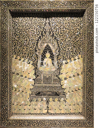 Mother of pearl inlaid wood screen, depicting the Triple Gems, Rattanakosin art, King Rama IV period 122150756