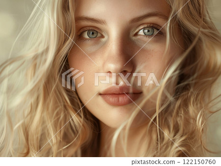 Young natural beauty woman with blonde hair and no makeup skin on light background.AI Generative. 122150760