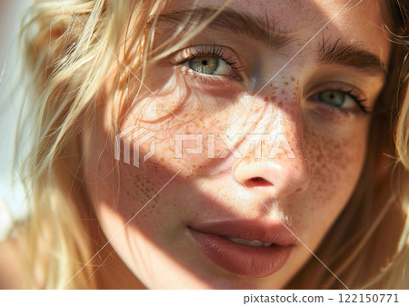 Macro portrait of a young beautiful blonde woman into summer sunlight on her face.AI Generative. 122150771