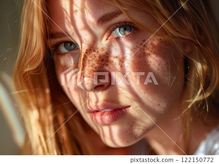 Macro portrait of a young beautiful blonde woman into summer sunlight on her face.AI Generative. 122150772