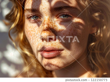 Macro portrait of a young beautiful blonde woman into summer sunlight on her face.AI Generative. 122150773