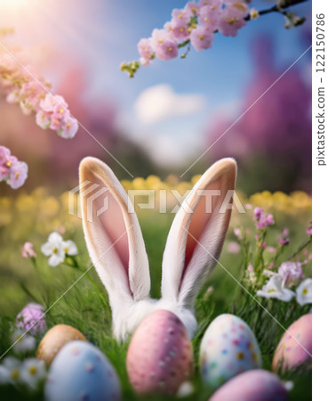 Cute bunny with large ears peeking behind Easter eggs in a meadow with blooming spring flowers. Seasonal celebration background with little white rabbit as holiday symbol 122150786