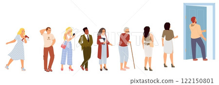 Diverse people of different age crowd standing in queue front of door 122150801