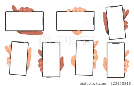 Human hands holding mobile phones with empty blank screens 122150818