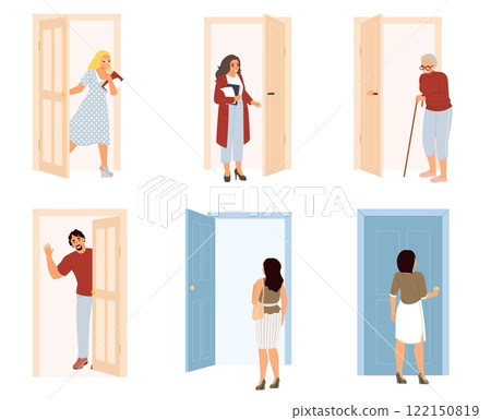 Adult people characters near home or office doors vector illustration 122150819