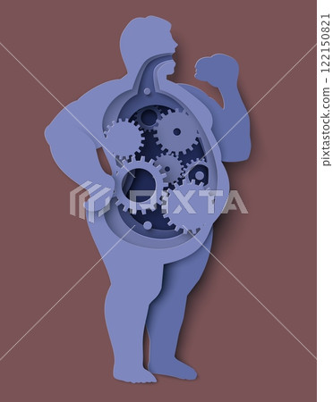 Overweight man eating and digestive process work papercut vector illustration 122150821