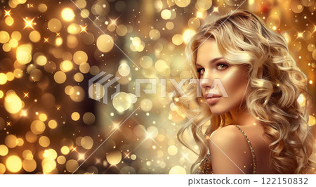 Beauty portrait of young woman with curly blonde healthy hair on golden bokeh.AI Generative. 122150832