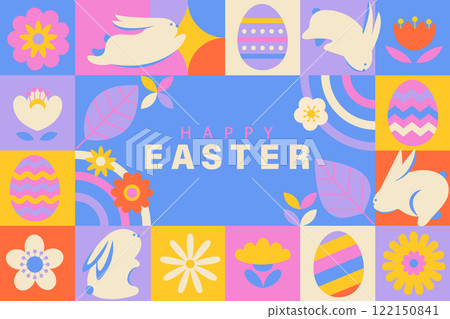Banner for Happy Easter with symbols of holiday Banner for Happy Easter with symbols of holiday 122150841