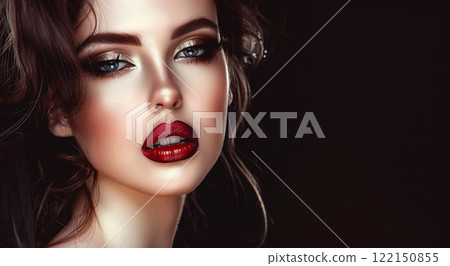 Beautiful glamour woman with makeup and red lips on black background.Space for text.AI Generative. 122150855