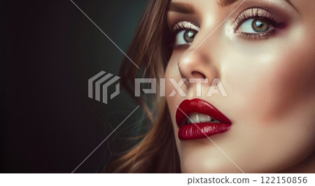 Beautiful glamour woman with makeup and red lips on black background.Space for text.AI Generative. 122150856