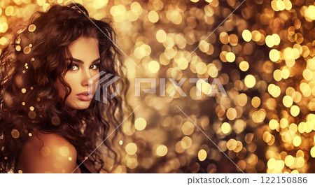 Beautiful brunette woman with shiny curly hair on festive golden bokeh background.AI Generative. 122150886