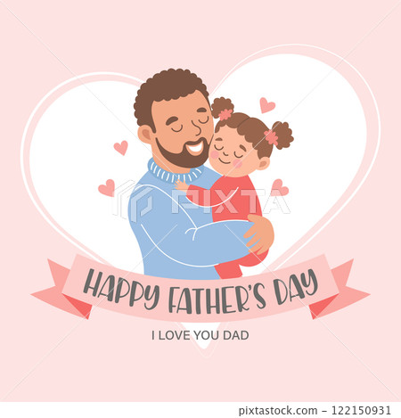 Father's day card. Dad holding little daughter. Holiday illustration in flat style Father's day card. Dad holding little daughter. Holiday illustration in flat style 122150931