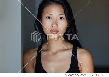 Beautiful young asian model woman with straight black brunette hair.Macro.AI Generative. 122151038
