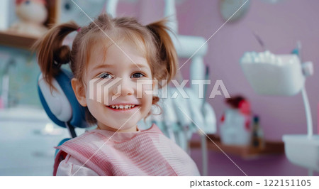 Happy smiling little girl in dentist doctor cabinet waiting for dental check.Macro.AI Generative. 122151105