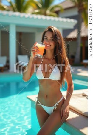 Young Woman in Swimwear Enjoying a Colorful Cocktail by the Pool: A Perfect Summer Lifestyle Scene of Relaxation and Fun 122151259