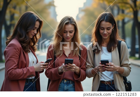 Diverse Female Friends Enjoying Urban Lifestyle: Multicultural Women Using Smartphones on Vibrant City Street 122151283