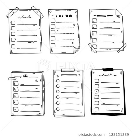 Document note list. Sketch checklist file. Doodle clipboard page, business paper test. Office checkbox questionnaire Document note list. Sketch checklist file. Doodle clipboard page, business paper test. Office checkbox questionnaire 122151289