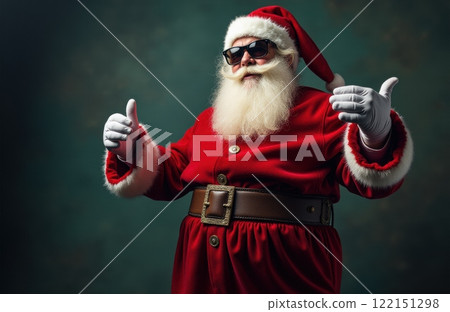 Cool Santa Claus in Black Sunglasses Strikes Awesome Pose at Epic Christmas Party. Cinematic Lighting Illuminates Jolly Saint Nick Making Hip Hand Gestures for Festive Holiday Celebration 122151298