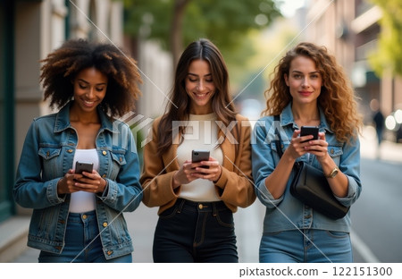 Diverse Female Friends Enjoying Urban Lifestyle: Multicultural Women Using Smartphones on Vibrant City Street 122151300