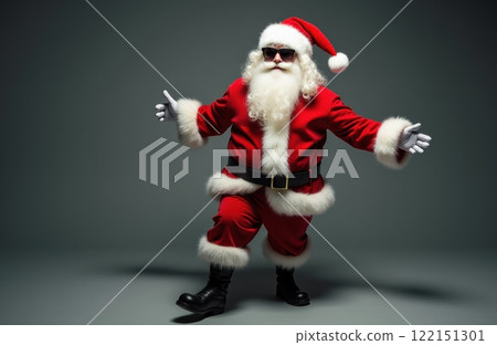 Cool Santa Claus in Black Sunglasses Strikes Awesome Pose at Epic Christmas Party. Cinematic Lighting Illuminates Jolly Saint Nick Making Hip Hand Gestures for Festive Holiday Celebration 122151301