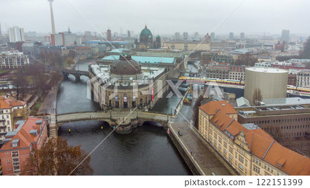 Ukrainian flags over the Bode-Museum in Berlin and Spree river  and Fernsehturm 122151399