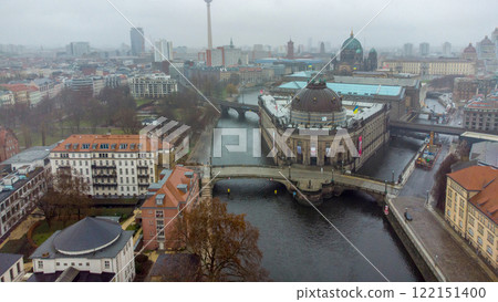 Drone point of view on downtown of Berlin with Spree river and fernsehturm Drone point of view on downtown of Berlin with Spree river and fernsehturm 122151400