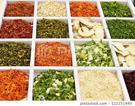 Dried seasoning vegetables and mushrooms in store Dried seasoning vegetables and mushrooms in store 122151440