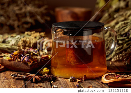 Hot herbal tea in glass teapot. 122151518