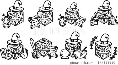 DND Dice Rpg board game character. Fantasy icosahedron wargame. 20-sided tabletop icon, cartoon style on white background 122151559