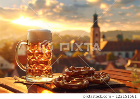 Glass of beer in germany landmark background. German bavarian lager at table. Medieval town cityscape and alcohol mug 122151561
