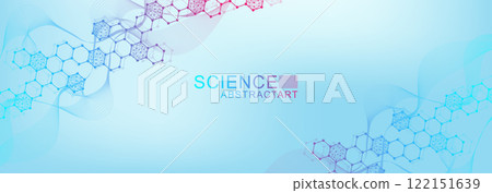 Modern scientific background with hexagons, lines and dots. Wave flow abstract background. Molecular structure for medical, technology, chemistry, science. Vector illustration Modern scientific background with hexagons, lines and dots. Wave flow abstract background. Molecular structure for medical, technology, chemistry, science. Vector illustration 122151639