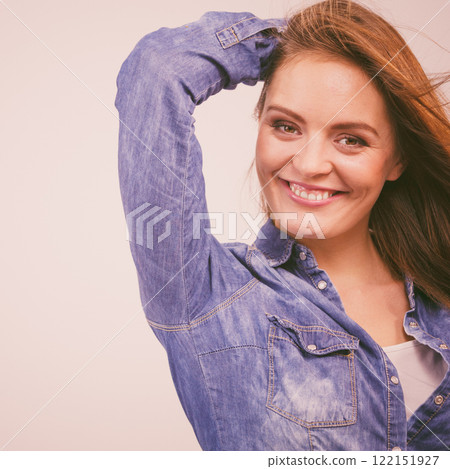 Joyful fashionable woman in denim shirt Joyful fashionable woman in denim shirt 122151927