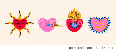 Various vintage mystical hearts. A dagger-pierced heart, a sun heart, with a jewel, burning. 122152295