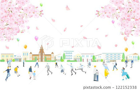 Cherry blossoms and balloons - cute cityscape and people walking landscape vector illustration spring background material 122152338