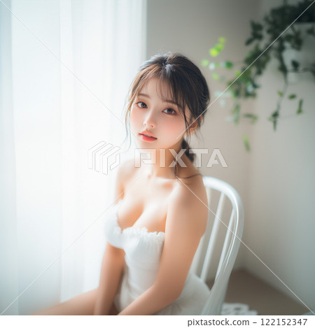 坐在窗邊白色椅子上的女人_美女圖片1 122152347