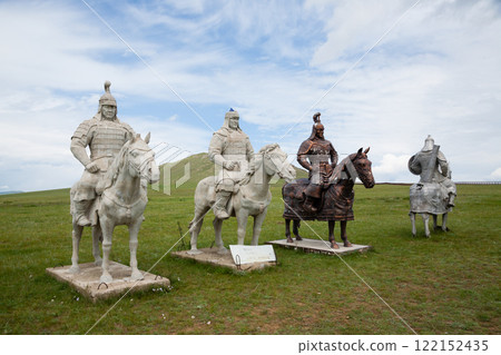 Statues of Mongolian warriors on horseback, Mongolia 122152435