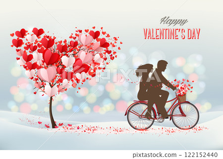 Valentine`s day background. Bicycle with couple in love and tree with heart-shaped leaves. Vector Valentine`s day background. Bicycle with couple in love and tree with heart-shaped leaves. Vector 122152440