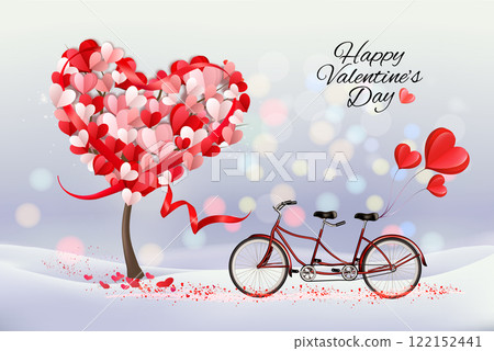 Valentine`s day background. Bicycle with tandem bicycle and tree with heart-shaped leaves. Vector 122152441