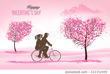 Festive background with Valentine's Day. Bicycle with couple in love and trees with heart-shaped leaves. Vector Festive background with Valentine's Day. Bicycle with couple in love and trees with heart-shaped leaves. Vector 122152443